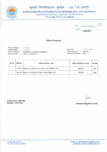 Kurukshetra University transcript