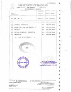 University of Madras Statement of Marks