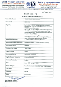 SNDT university Transcript